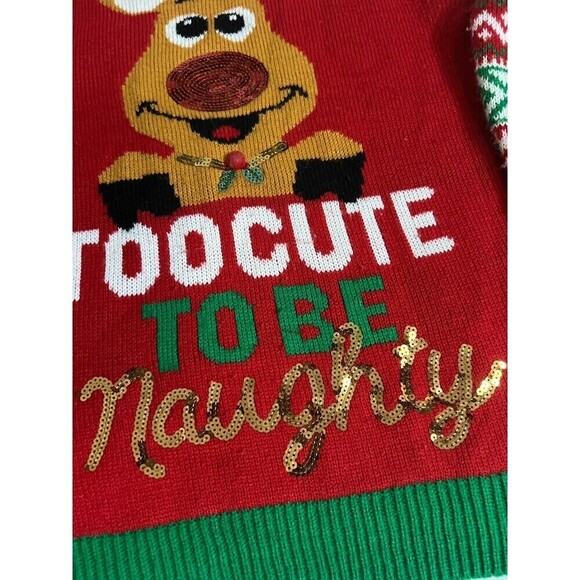 Christmas Sweater Junior Size Medium TOO CUTE TO BE NAUGHTY Reindeer With Bells - Picture 4 of 8